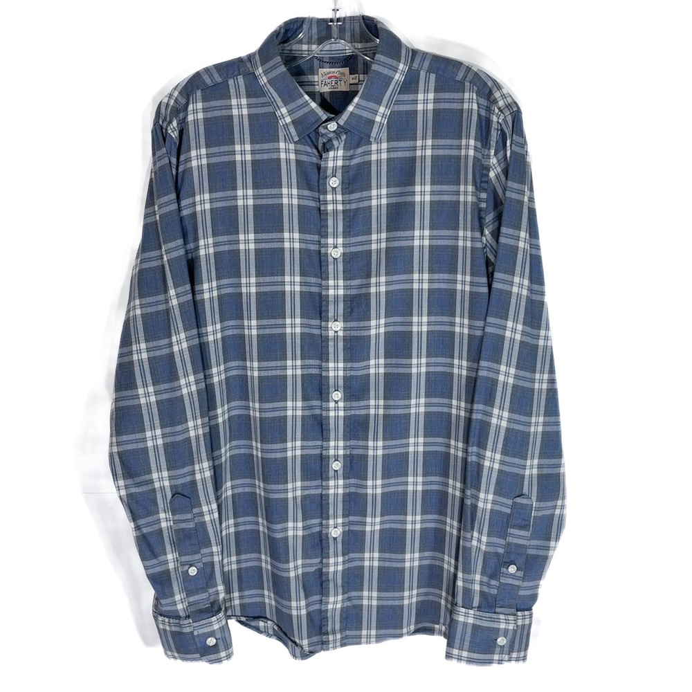 Faherty Button Up Shirt Mens Medium Blue Plaid Preppy Casual Lightweight